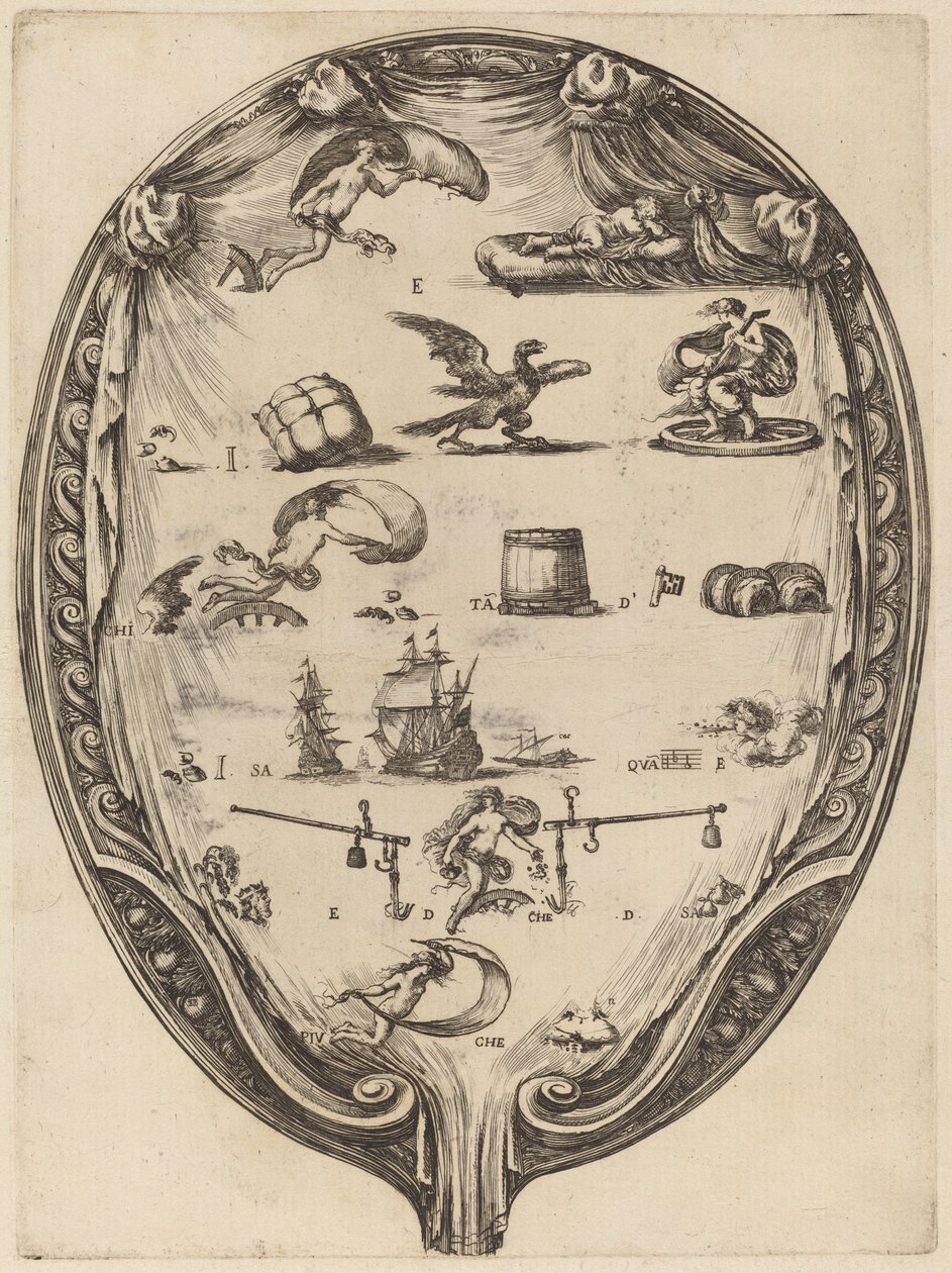 Obrazovka zobrazující italský Rebus of Fortune od Stefano della Bella