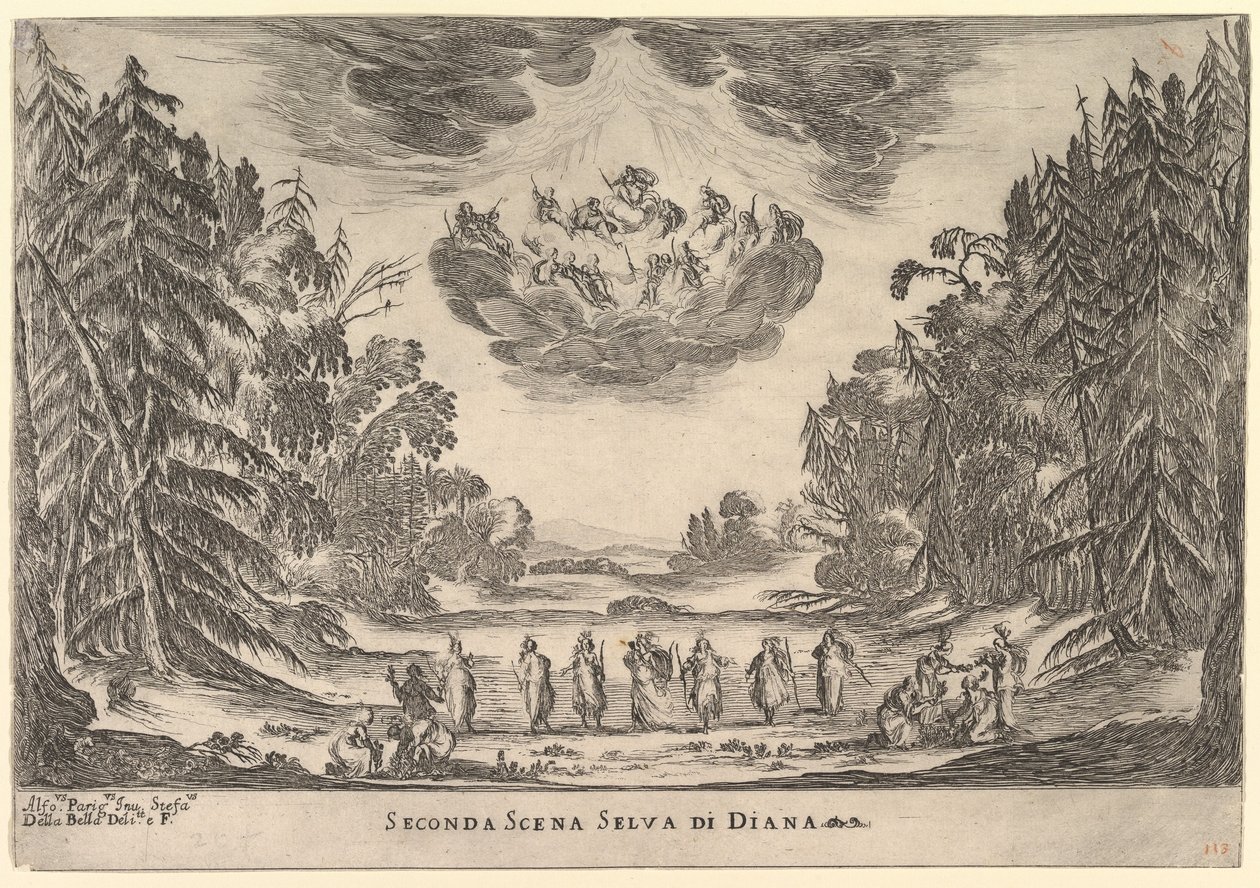 Druhá scéna, v Dianině lese, ze svatby bohů Le nozze degli Dei, 1637. od Stefano della Bella