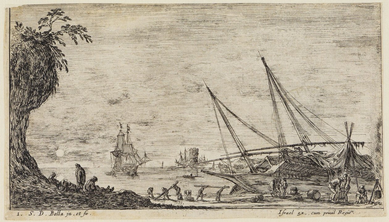 Mořské scenérie (Paysages maritimes): Přístav s námořníky a dělníky, kteří přepravují dřevěné klády od Stefano della Bella