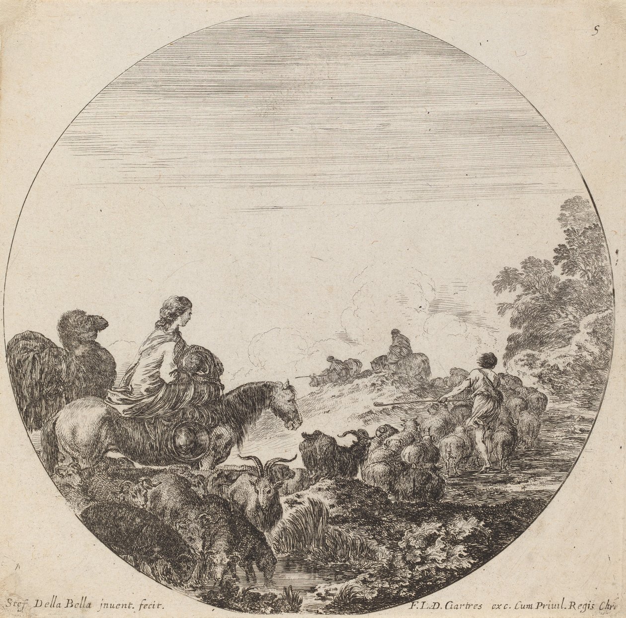 Pastýři a stádo se ženou a velbloudem, 1646. od Stefano della Bella