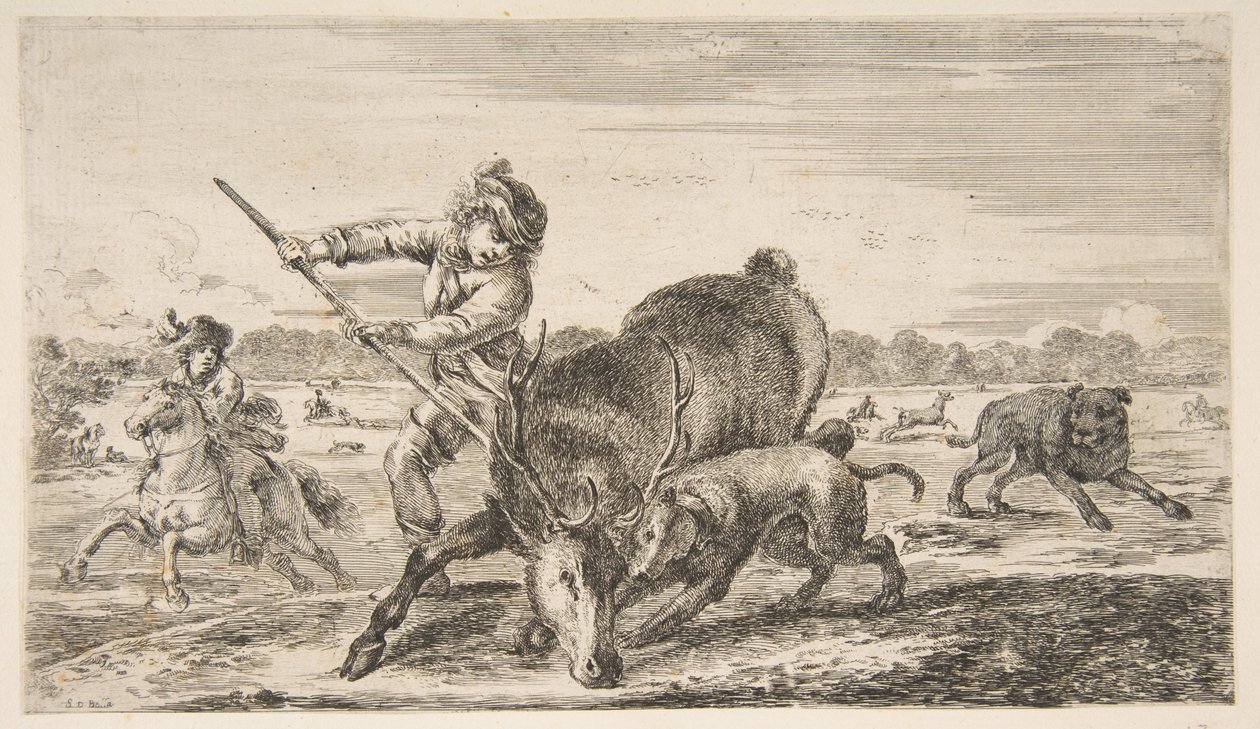 Jelen na uzdě, z lovů zvířat Lovy na různá zvířata, ca. 1654. od Stefano della Bella