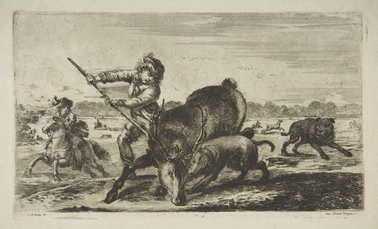 Jelen na uzdě, z lovů zvířat Lovy na různá zvířata, ca. 1654. od Stefano della Bella