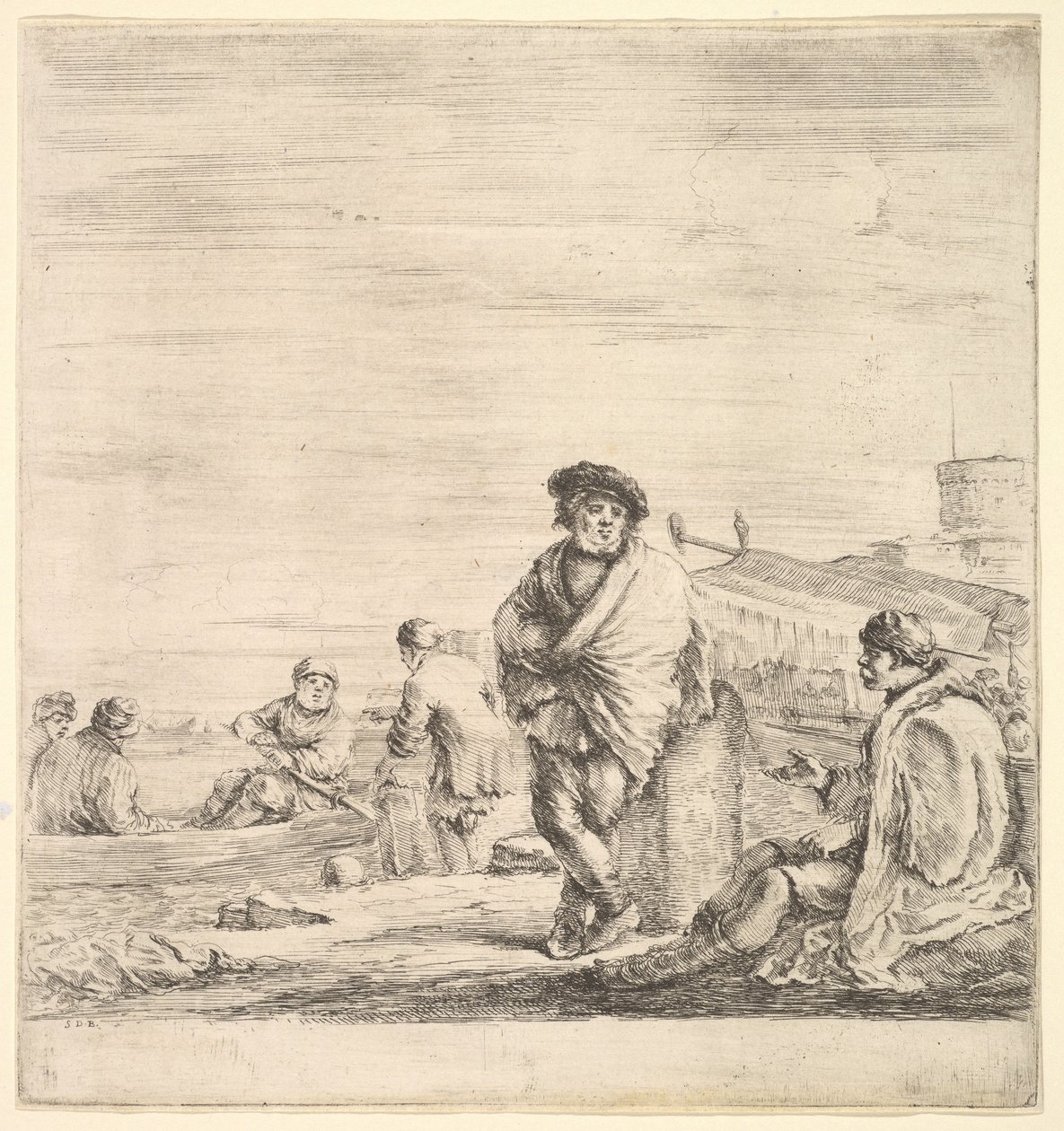 Stojící námořník uprostřed mluví se sedícím levantským mužem vlevo, viděno z profilu..., ca. 1658-63. od Stefano della Bella