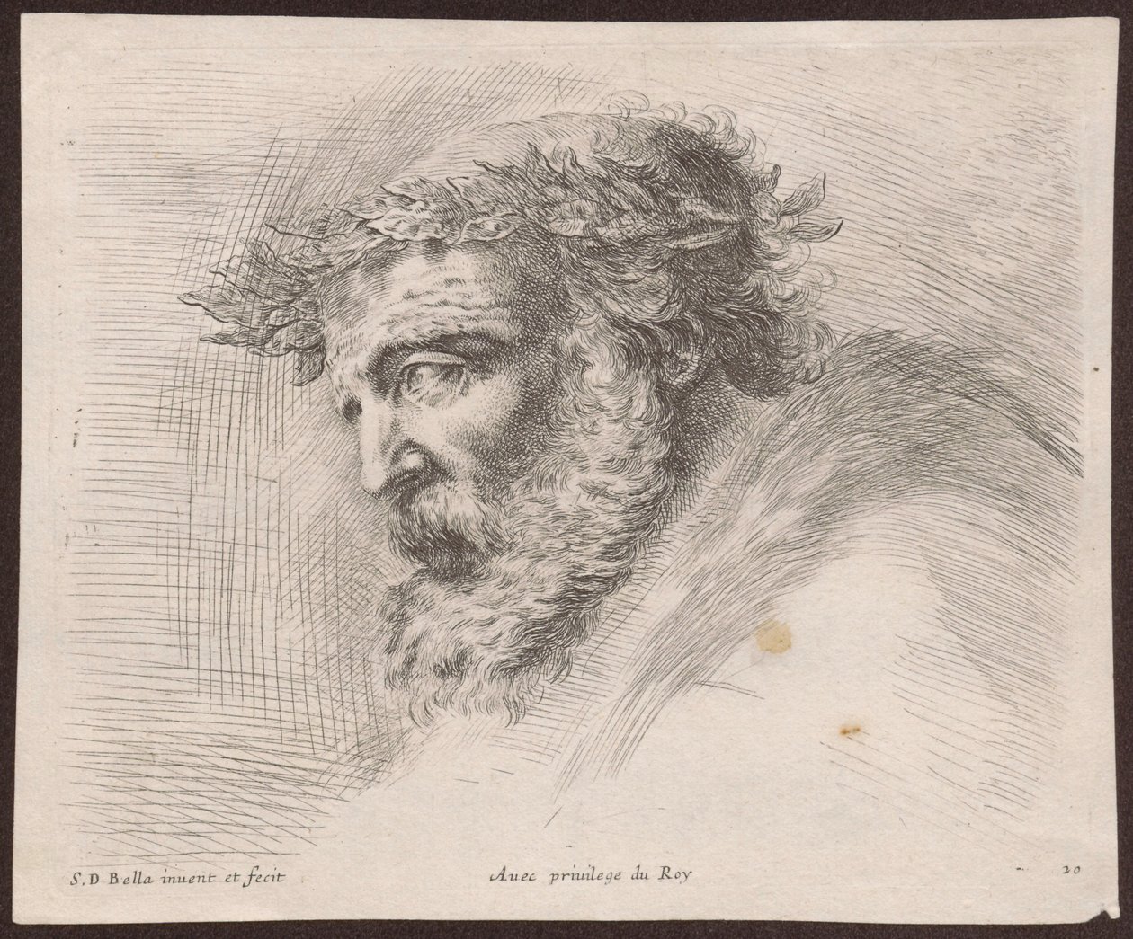 Studie hlavy vousatého starce s vavřínovým věncem, v profilu, otočeného doleva, z cyklu „Principii del disegno“ od Stefano della Bella