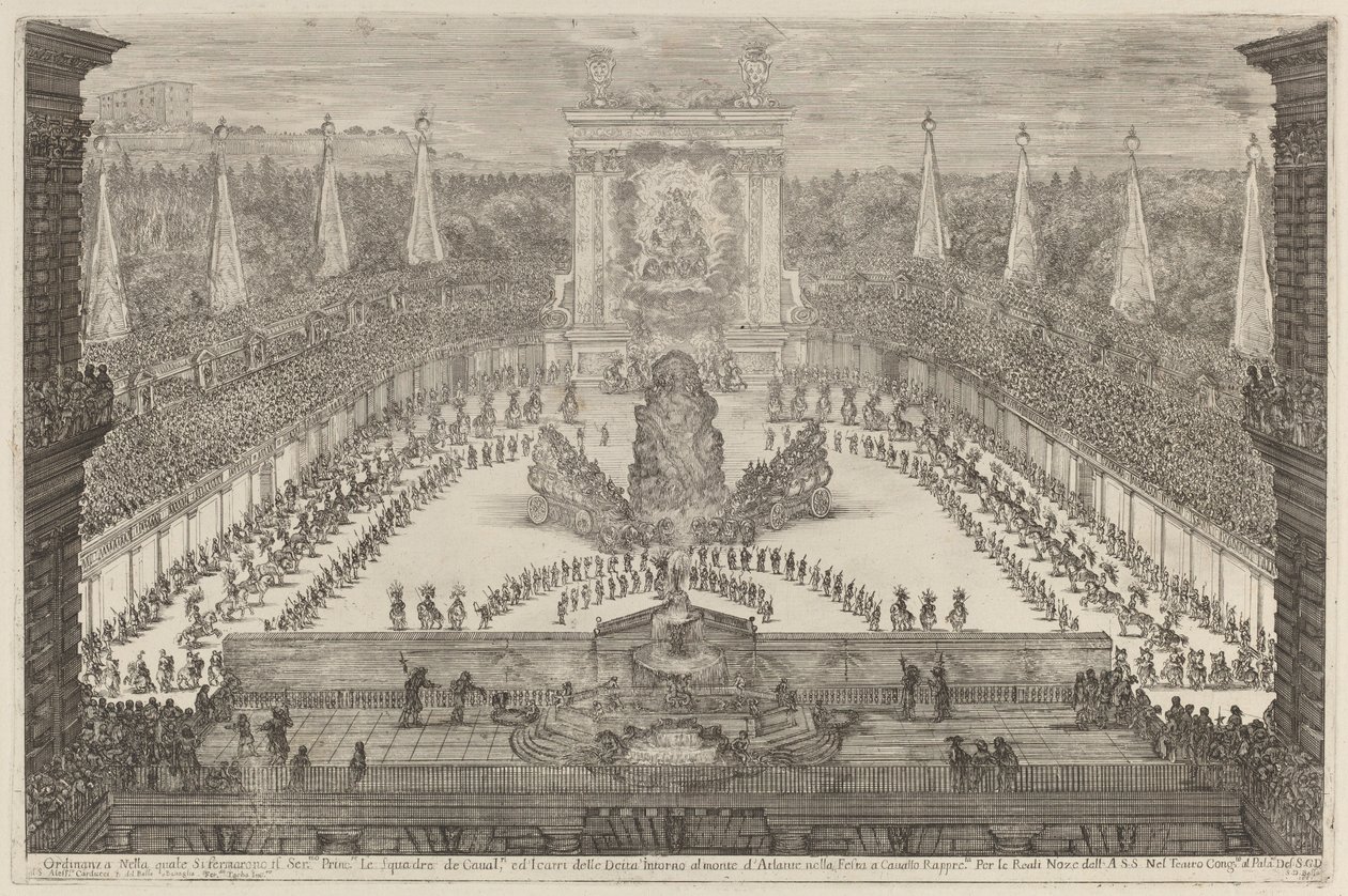 Princ z Toskánska, jeho koňské oddíly a kočáry kolem hory Atlas, 1661. od Stefano della Bella