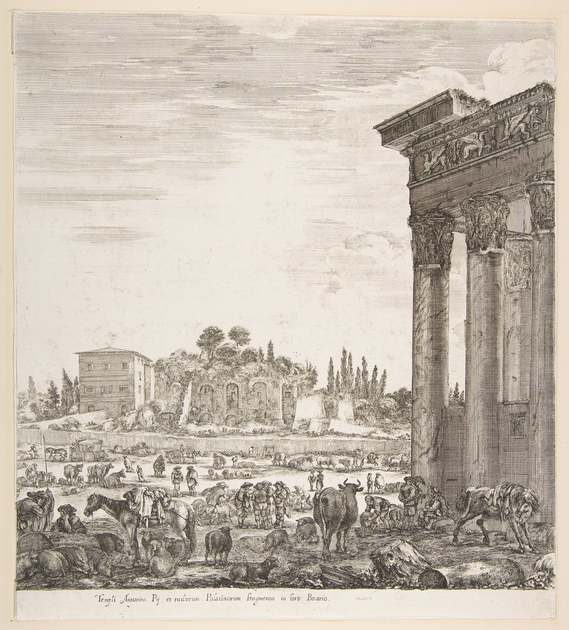 Sloupce Antoninova chrámu vpravo, část Campo Vaccino uprostřed a..., 1656. od Stefano della Bella