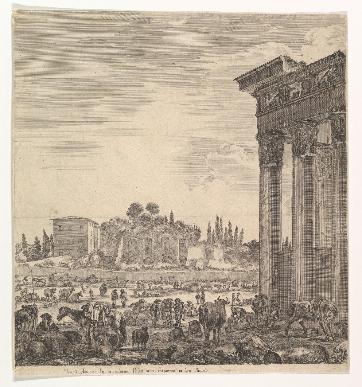 Sloupce Antoninova chrámu vpravo, část Campo Vaccino uprostřed a..., 1656. od Stefano della Bella