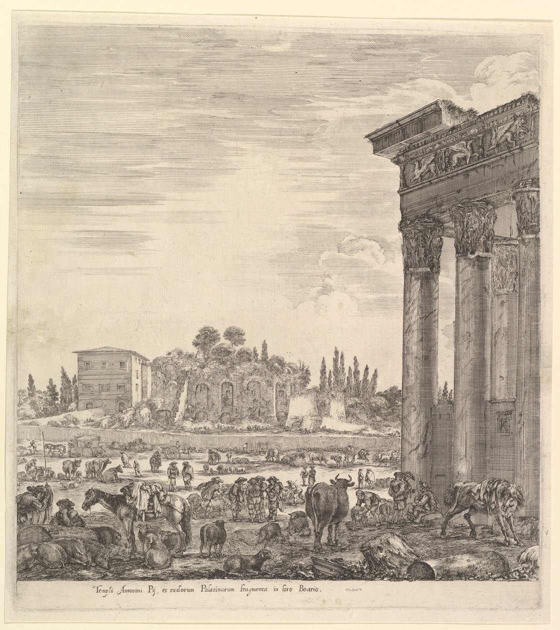 Sloupce Antoninova chrámu vpravo, část Campo Vaccino uprostřed a..., 1656. od Stefano della Bella