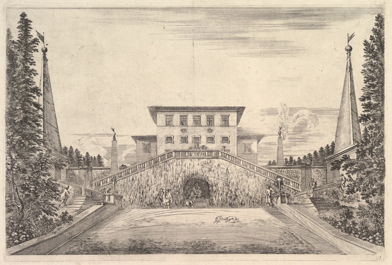 Vila uprostřed lemovaná čtyřmi obelisky, schodištěm na obě strany, sochou v ..., ca. 1653. od Stefano della Bella