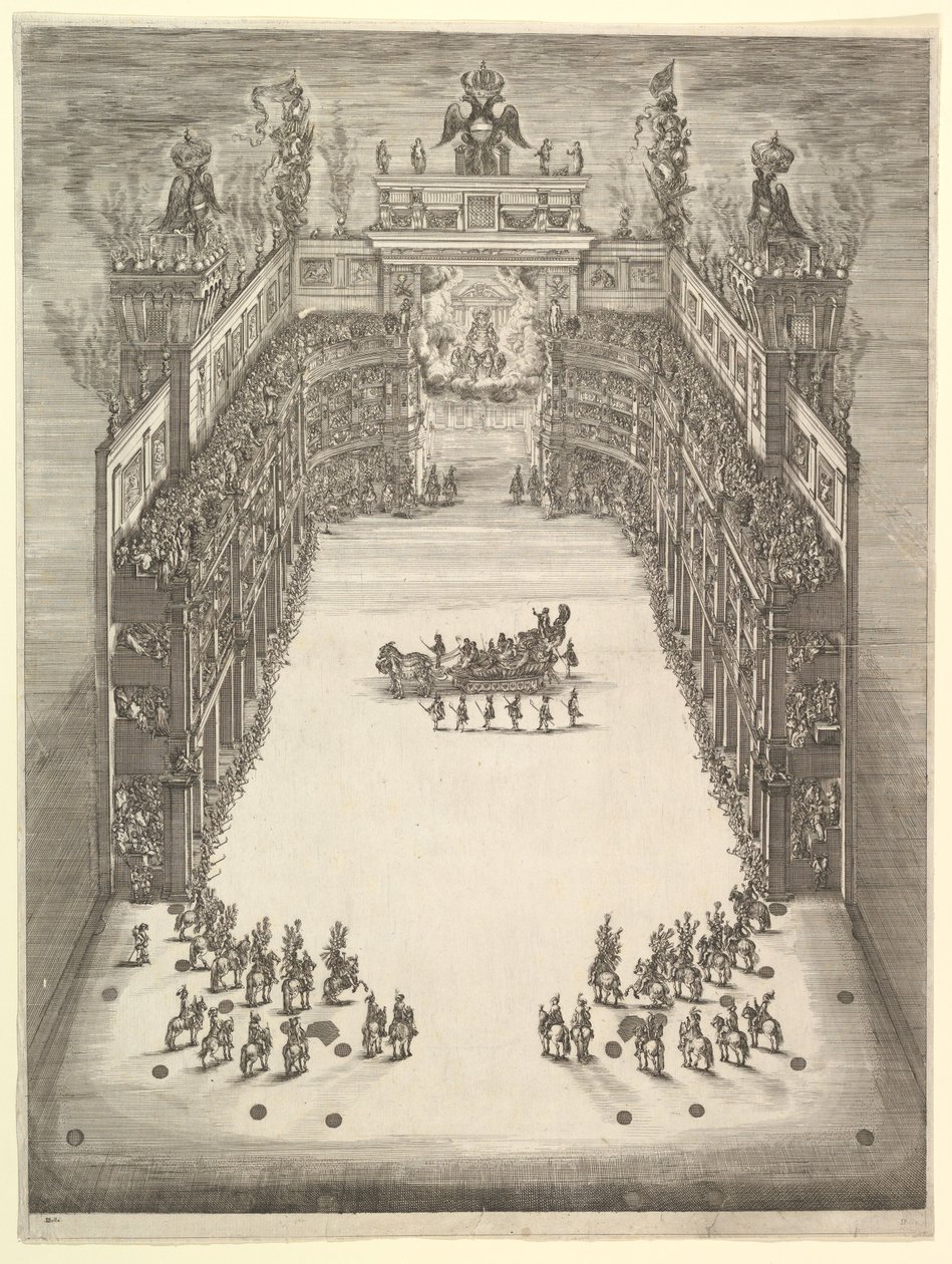 Divadlo v Modeně, viděné shora a plné diváků, s triumfálním vozem v cen..., 1652. od Stefano della Bella