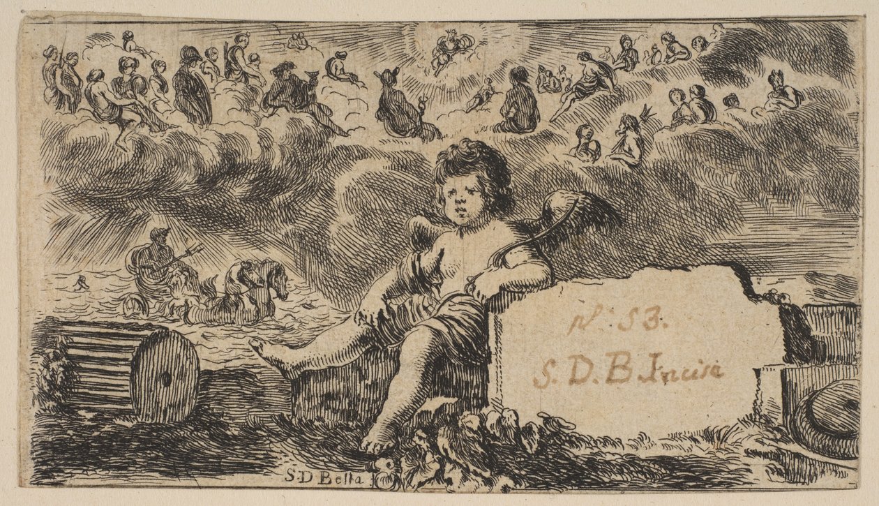Titulní strana: Cupid, z Mythologické hry Jeu de la Mythologie, 1644. od Stefano della Bella