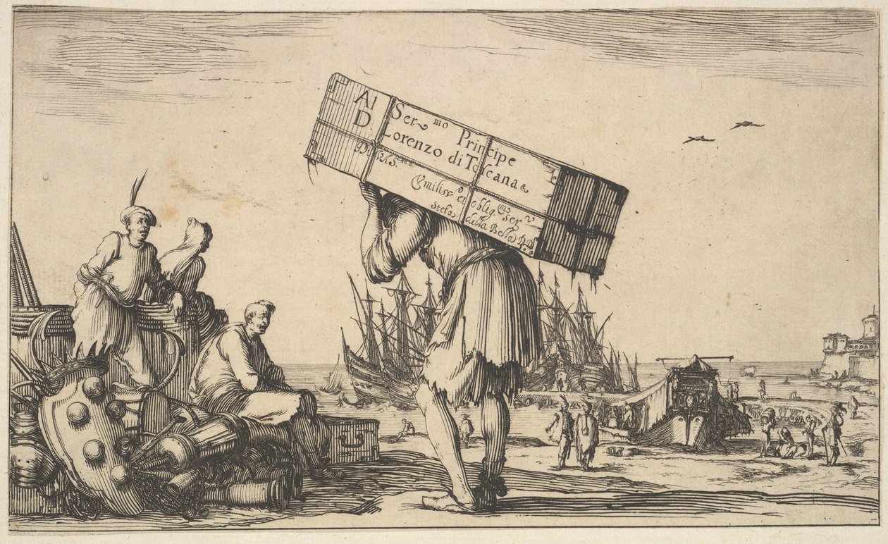 Titulní strana: muž nesoucí pouzdro na zádech uprostřed, tři muži se k němu dívají na ..., 1639. od Stefano della Bella