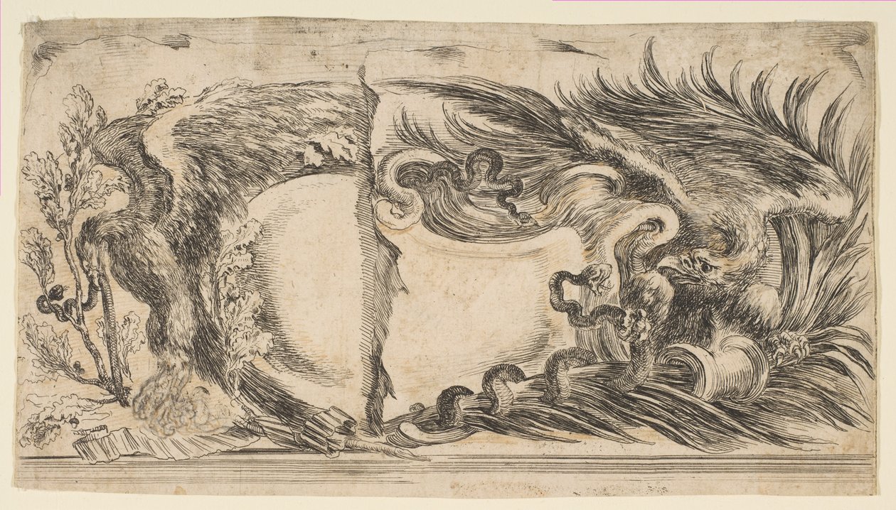 Dvě různé poloviny kartuší, z nichž každá zobrazuje orla bojujícího s hadem, 1646. od Stefano della Bella