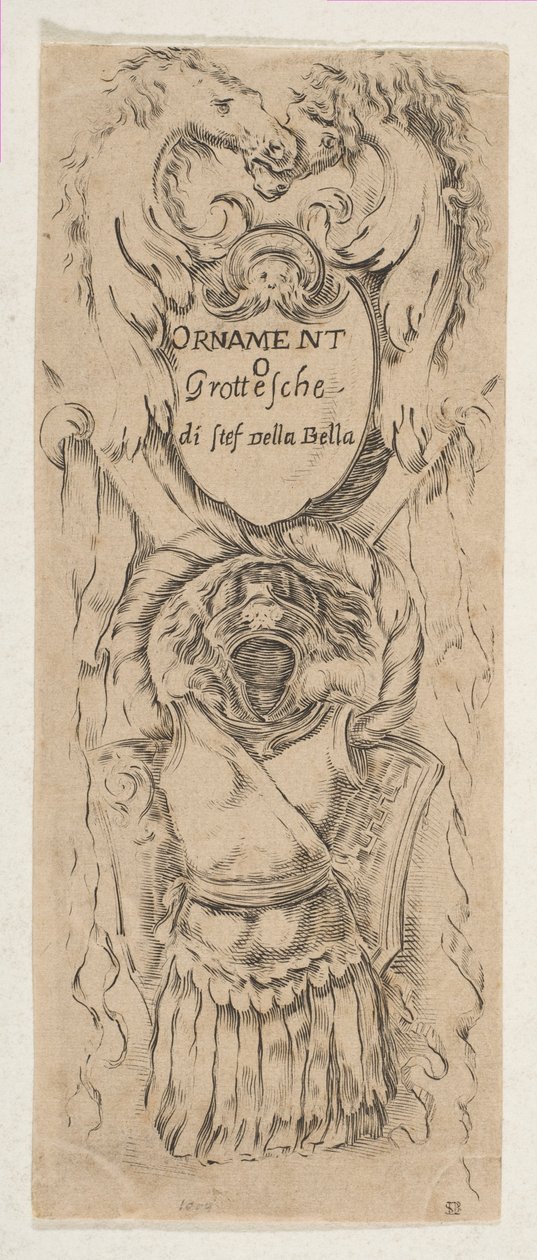 Dvě koňské hlavy rámující štít, ca. 1653. od Stefano della Bella