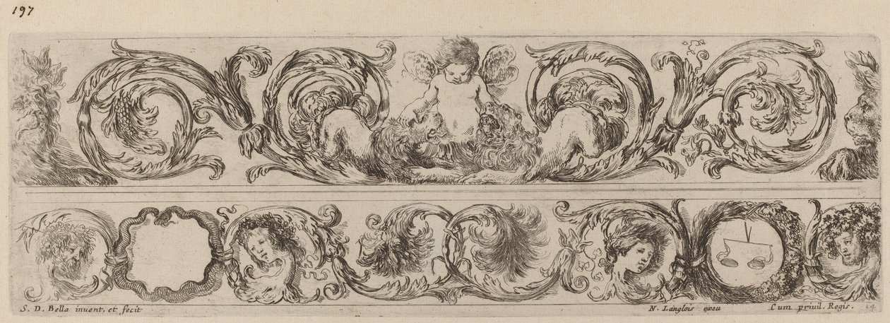 Dvě ozdobné kapely s Cupidem a hlavami čtyř ročních období, pravděpodobně 1648. od Stefano della Bella