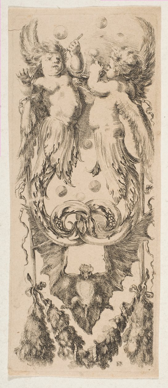 Dvě okřídlené děti s těly měnícími se v ozdobné foukající bubliny, ca. 1653. od Stefano della Bella
