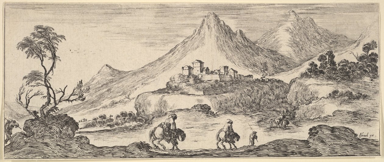 Dva jezdci sjíždějí z kopce uprostřed, za dalším mužem pěšky, hrad v ..., ca. 1641. od Stefano della Bella