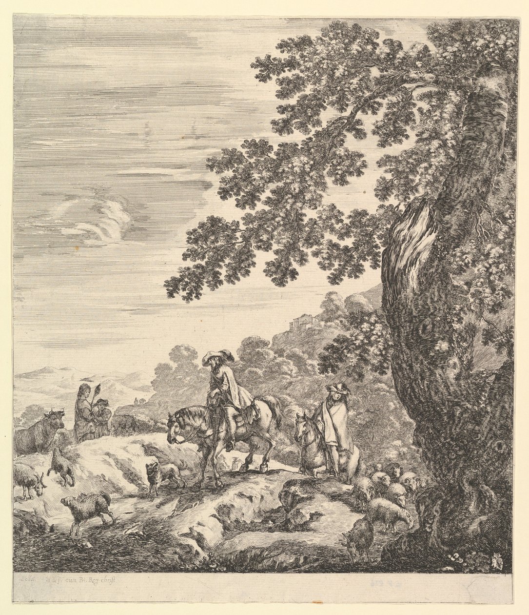 Dva jezdci míjejí stádo, jedoucí vlevo, rolnička a mladý chlapec do..., ca. 1656. od Stefano della Bella