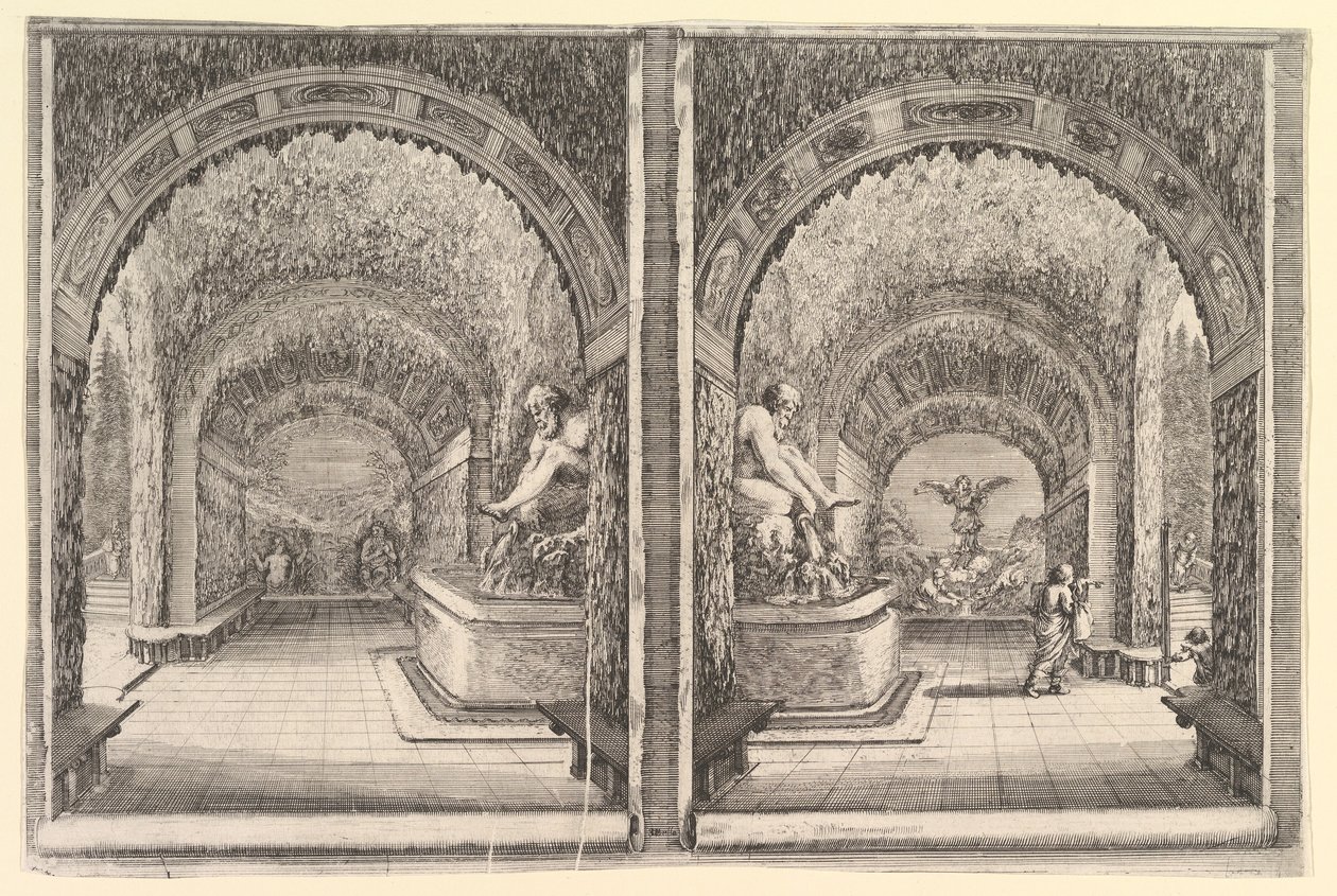 Dva pohledy na jeskyni, oba pohledy s fontánou se sedící sochou, při pohledu z ..., ca. 1653. od Stefano della Bella