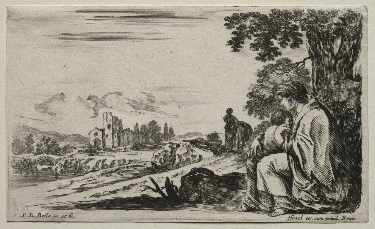 Různé postavy a krajiny: Chudá sestra sedící pod stromem, 1649. od Stefano della Bella