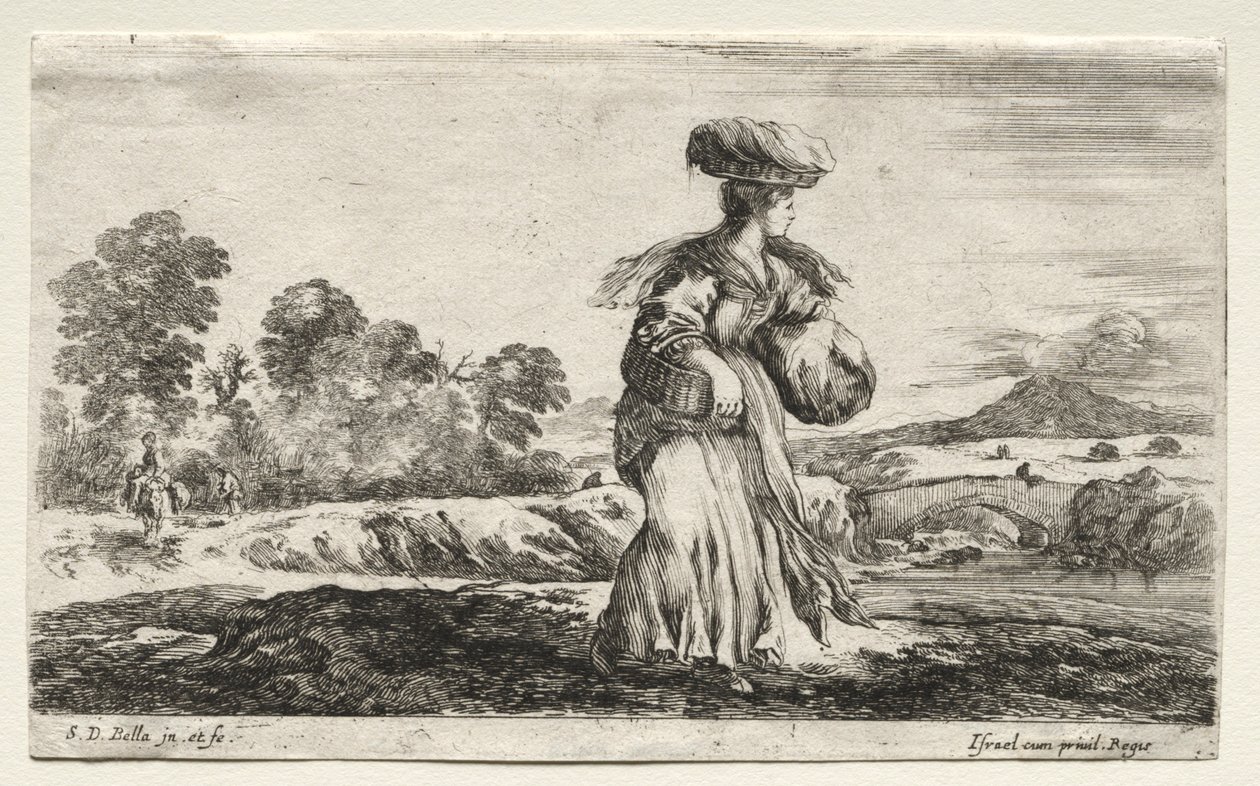 Různé postavy a krajiny: Selská žena nesoucí na hlavě košík, 1649. od Stefano della Bella
