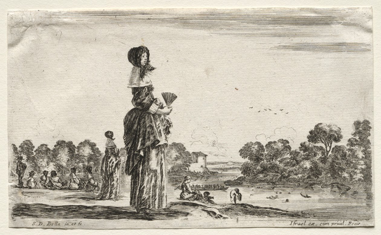 Různé postavy a krajiny: Ženy sledující koupající se podél řeky, 1649. od Stefano della Bella