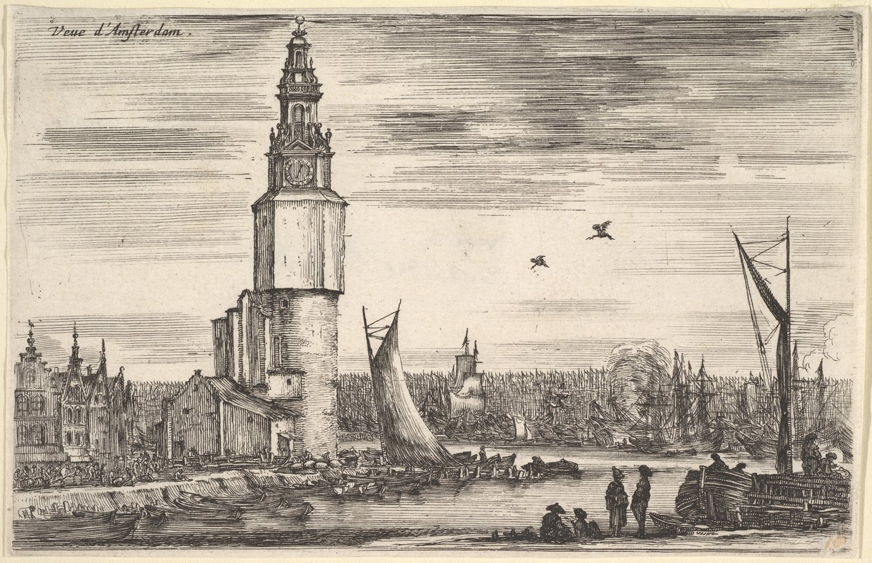 Pohled na Amsterdam Vu Amsterdam, věž a domy vlevo, muži stojící na molu ..., 1647. od Stefano della Bella