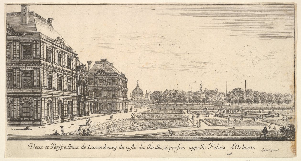 Pohled na Lucembursko ze zahradní strany Palais dOrleans, z Různé pohledy na..., 1649-51. od Stefano della Bella