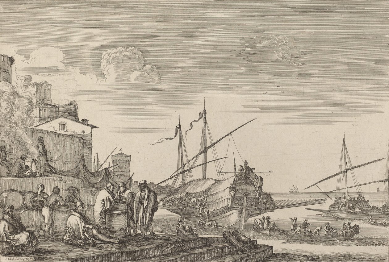 Pohled na několik domů s výhledem na přístav, pravděpodobně cca. 16541655. od Stefano della Bella