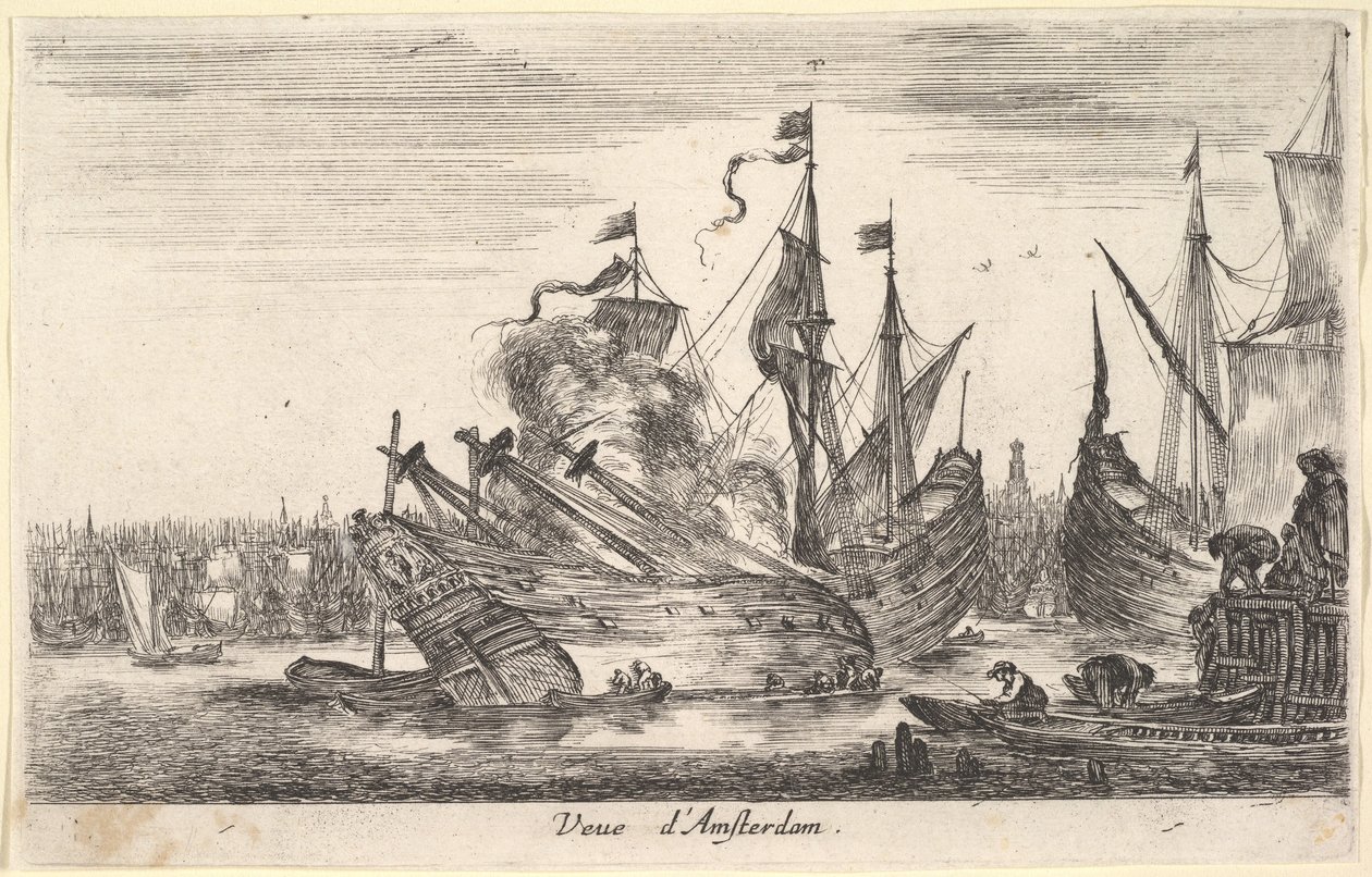 Pohled na amsterdamský přístav Veue dAmsterdam, muži ve veslicích pracují na lodi v centru..., 1647. od Stefano della Bella