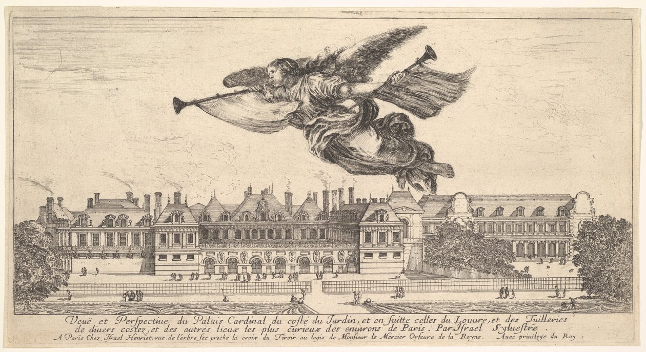 Pohled na Palais Cardinal, postava Slávy nahoře uprostřed letící doleva a..., 1649-51. od Stefano della Bella
