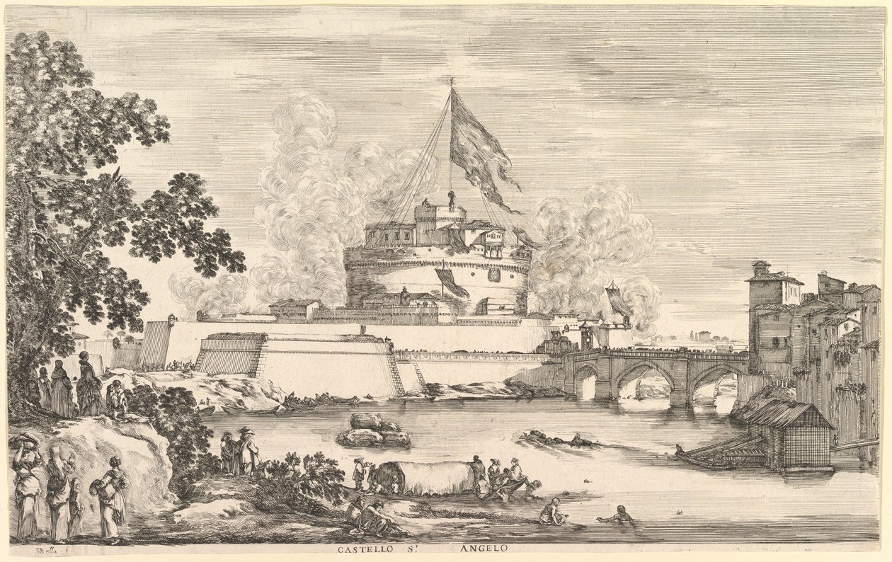 Pohled na řeku Tiberu, velký strom vlevo, dvě skupiny žen vlevo v popředí..., ca. 1656. od Stefano della Bella