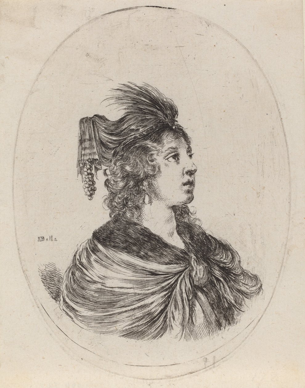 Žena v opeřeném turbanu, otočená doprava, 16491650. od Stefano della Bella