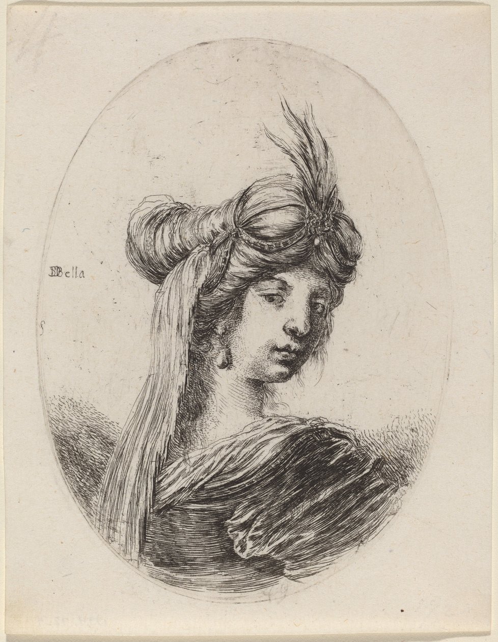 Žena v opeřeném turbanu se závojem, otočená doprava, 16491650. od Stefano della Bella