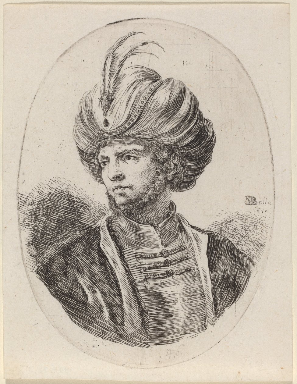 Mladý Moor s mírným plnovousem a opeřeným turbanem, otočený doleva od Stefano della Bella