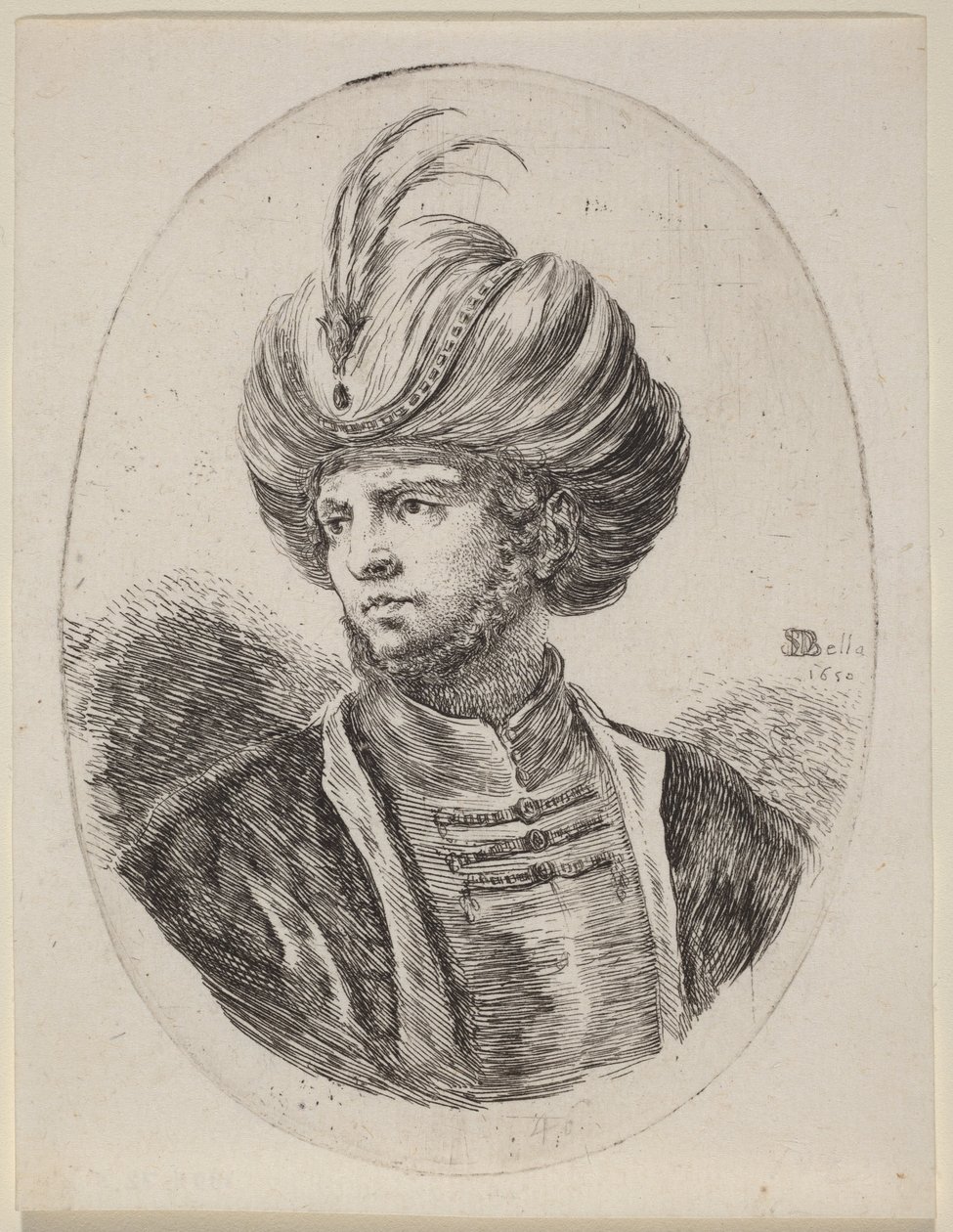 Mladý Maur s řídkým vousem a turbanem s pery, obrácený doleva od Stefano della Bella