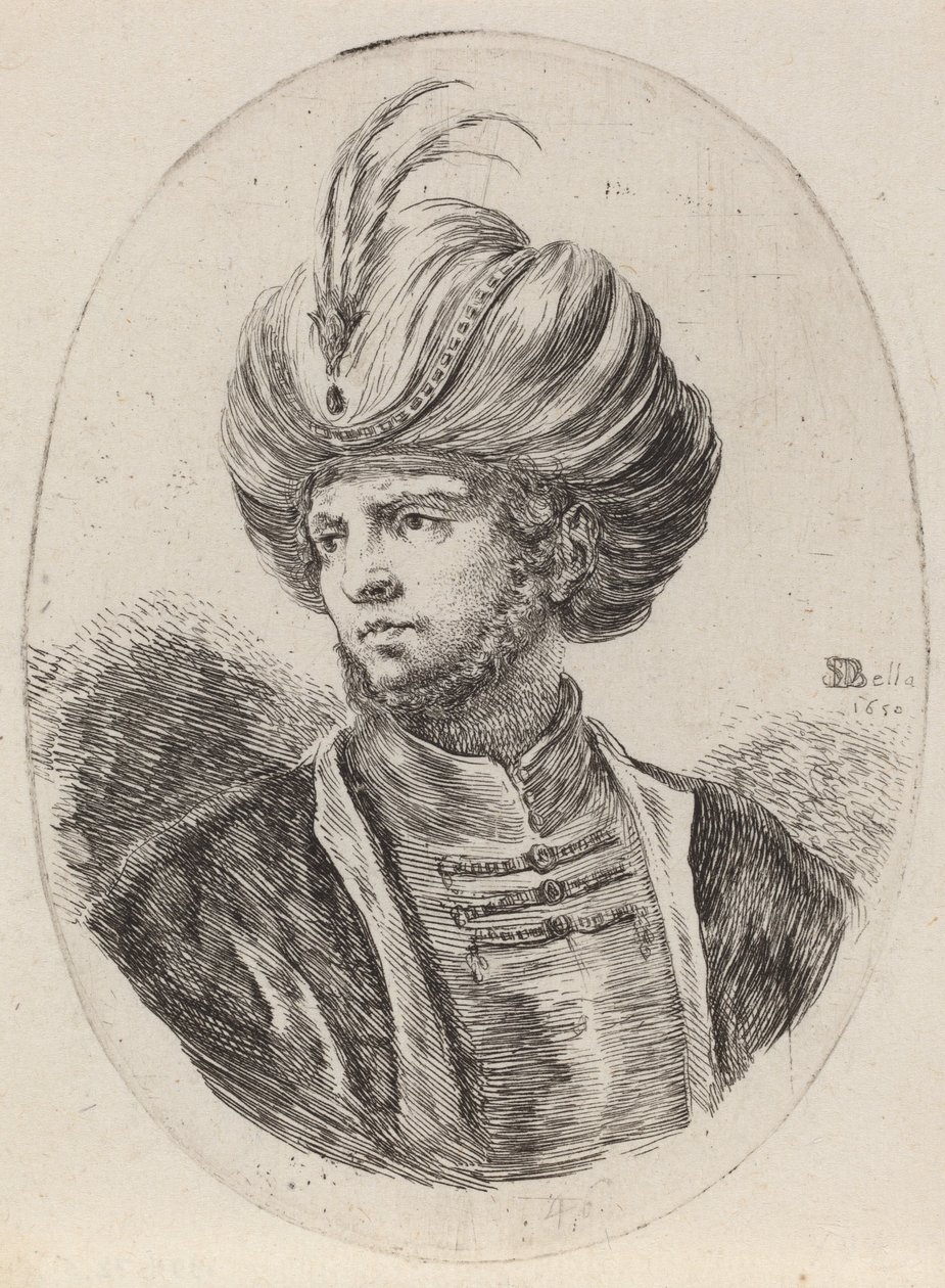 Mladý Maur s mírným plnovousem a opeřeným turbanem, otočený doleva, 1650. od Stefano della Bella