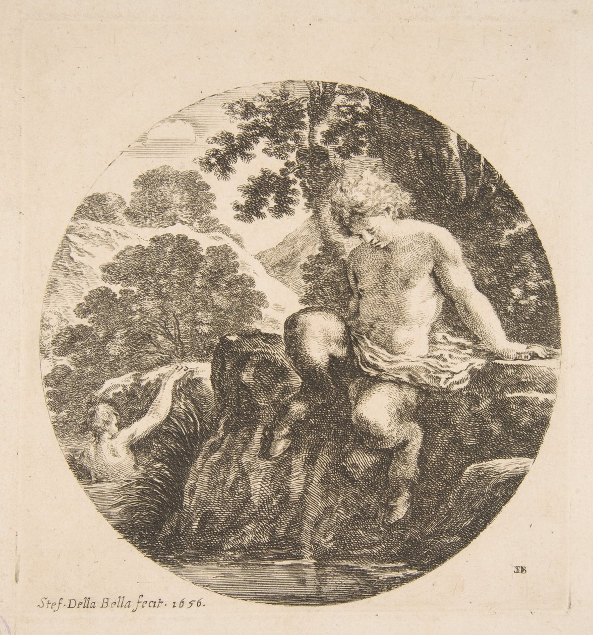 Mladý Satyr se chystá vykoupat v řece, z „Krajiny a námořní přístavy“ Paysages et ports d..., 1656. od Stefano della Bella