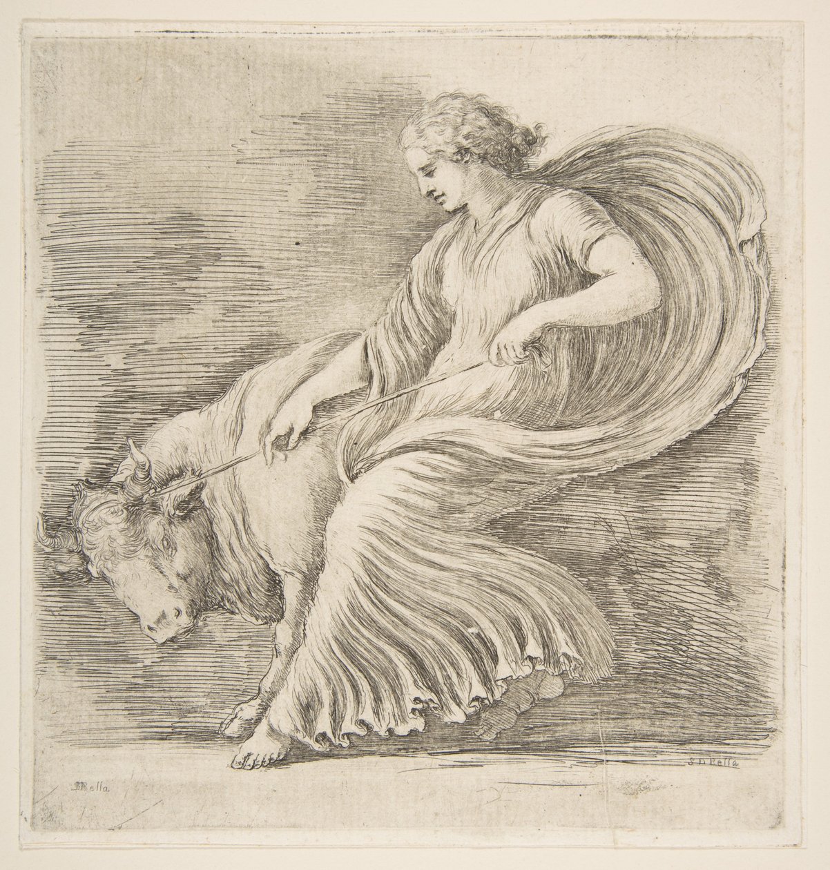 Mladá žena se snaží zastavit býka, ca. 1660. od Stefano della Bella