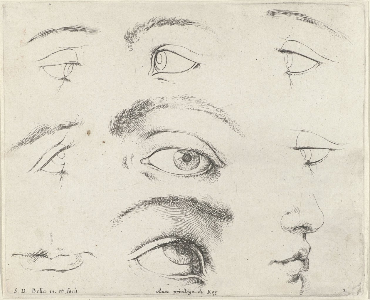 Sedm očí, dvě ústa a nos Základy kreslení (název série) I principii del disegno (název série) od Stefano della Bella