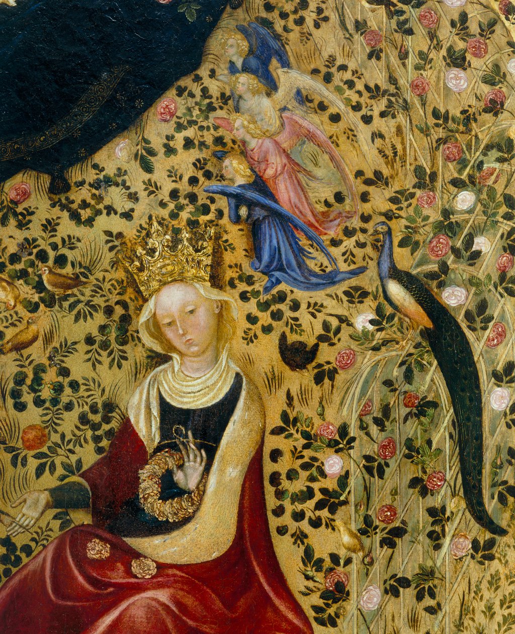Svatá Kateřina Alexandrijská obklopená anděly a pávem, detail Madonna del Roseto od Stefano di Giovanni da Verona