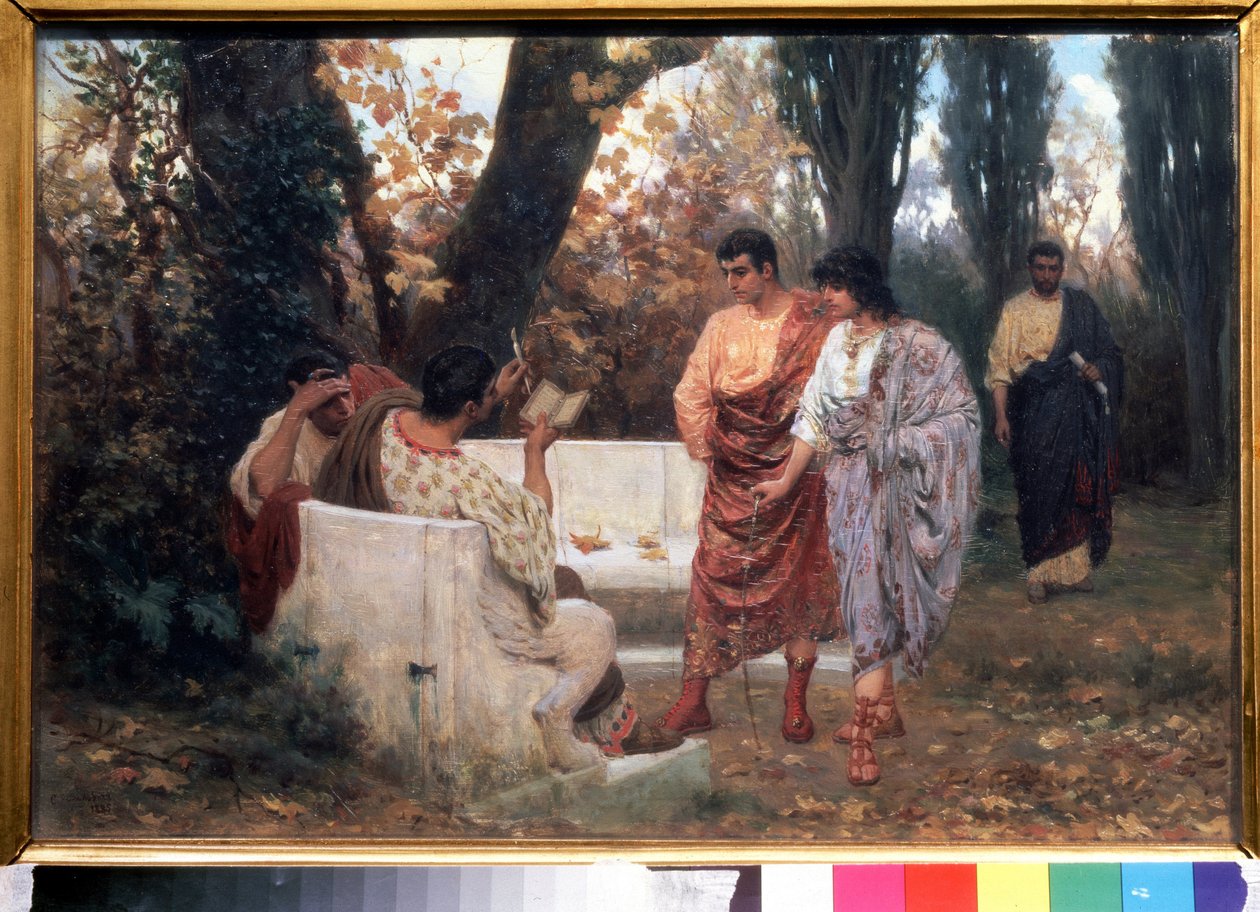 Římský básník Catullus (87-54 př. n. l.) čte svou báseň (římský básník Catullus čte svou báseň). Obraz Štěpána Vladislavoviče Bakaloviče (1857-1947). Olej na plátně, 26,8 x 39 cm od Stepan Vladislavovich Bakalovich