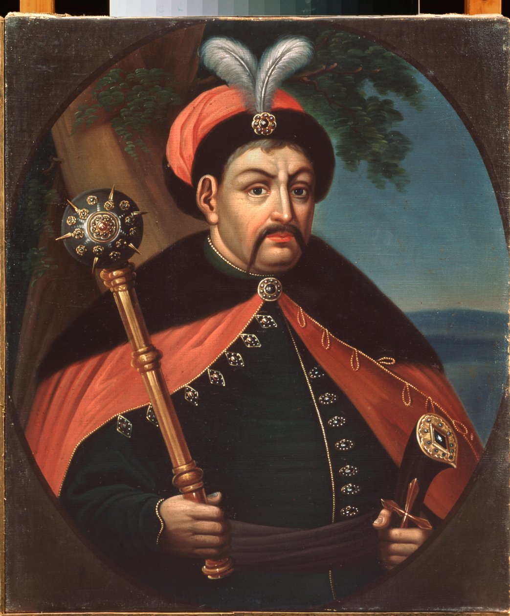 Portrait du hetman (velitel) Kozák Ukrajiny Bohdan Chmelnický (1595-1657) (Portrét kozáckého hejtmana Ukrajiny Bohdana Khelmyckého) - Malba Stepana Zemlykova (debut 19. století), olej na plátně 19. století, umění Ukrajina - Regionální muzeum umění od Stepan Zemlykov