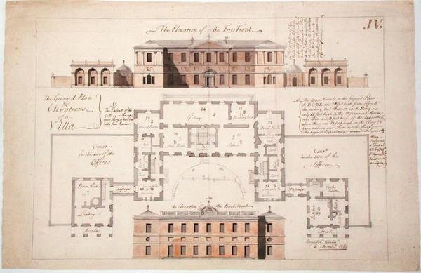 Půdorys a pohledy na velkou vilu, 1770 (grafit, pero a inkoust a pero na papíře) od Stephen Riou