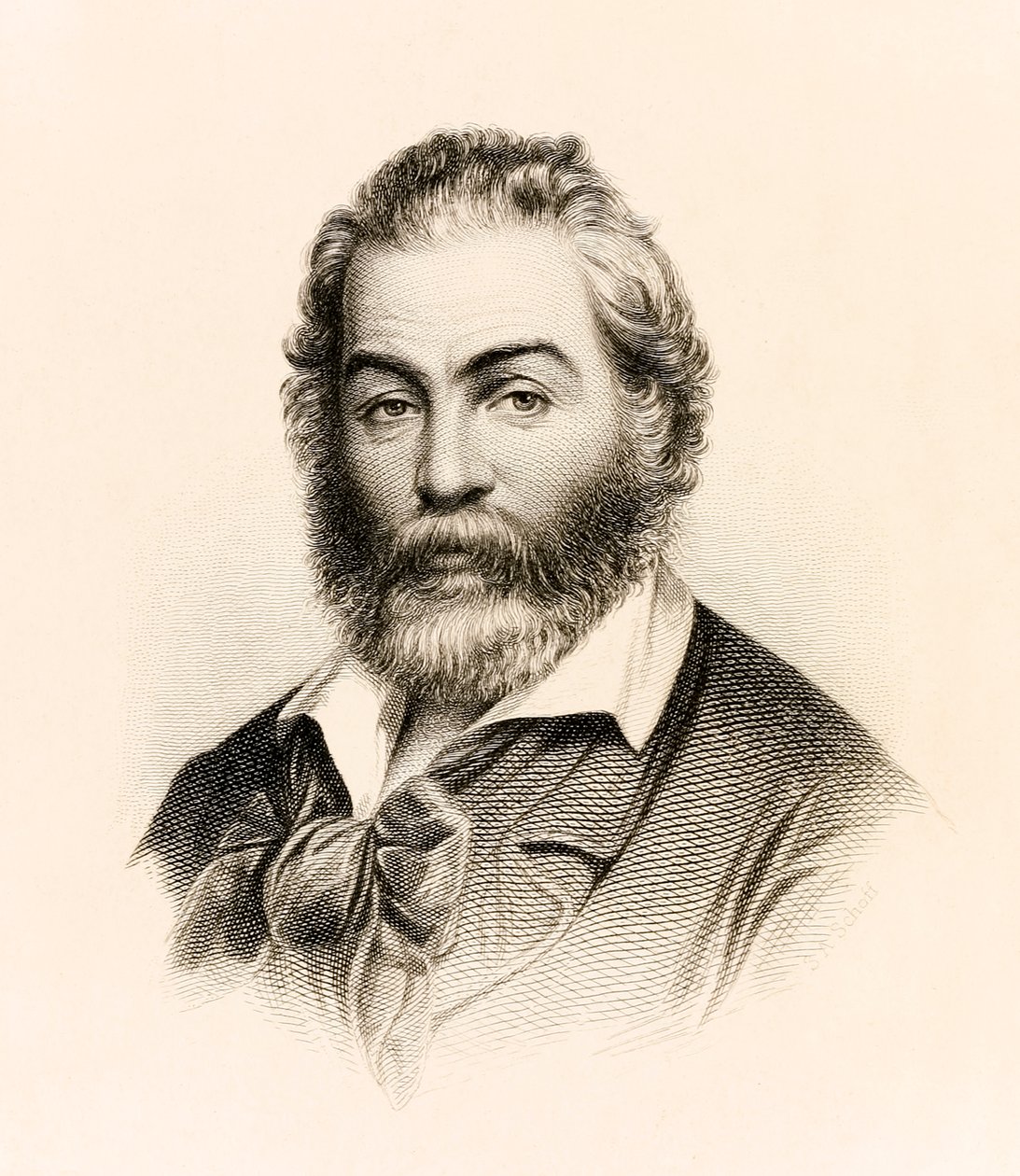 Frontispis z edice „Listy trávy“ z roku 1860, sbírka poezie amerického básníka Walta Whitmana od Stephen Alonzo Schoff