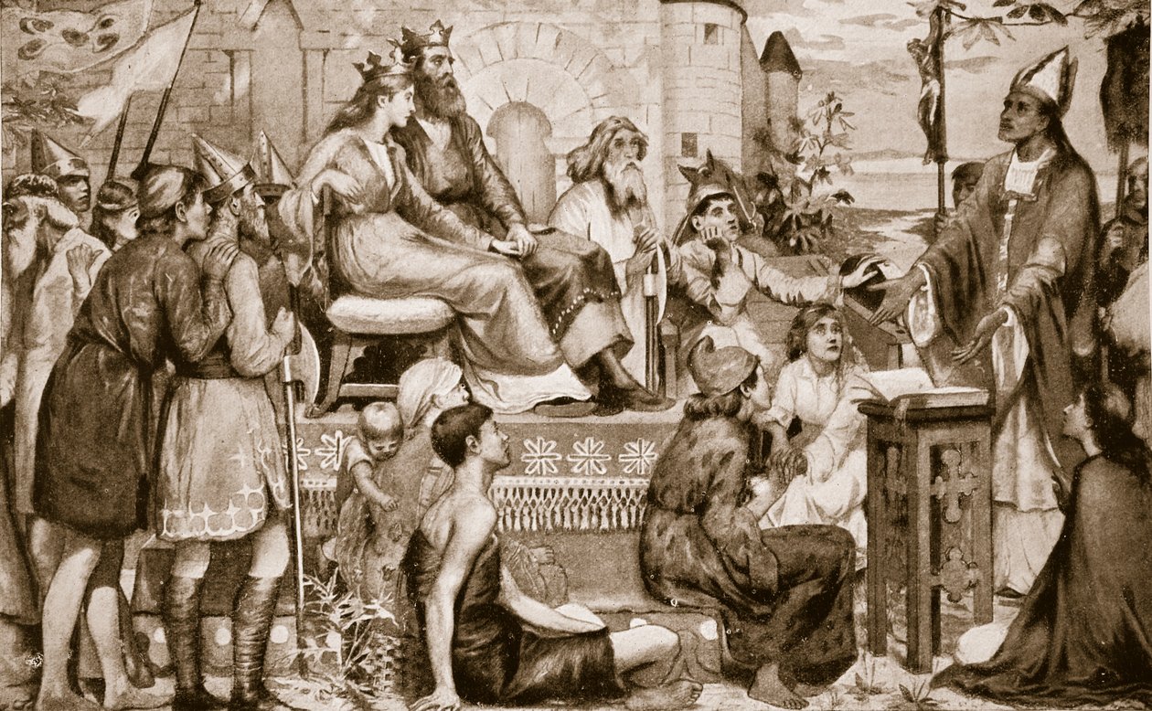 Svatý Augustin káže Sasům, 597, ilustrace z „Hutchinsonova příběhu britského národa“, kolem roku 1920 od Stephen Briggs Carlil