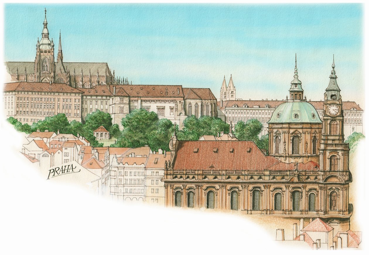 Pohled na Prahu, cca 1900-2023 (tuš a akvarel) od Stephen Conlin
