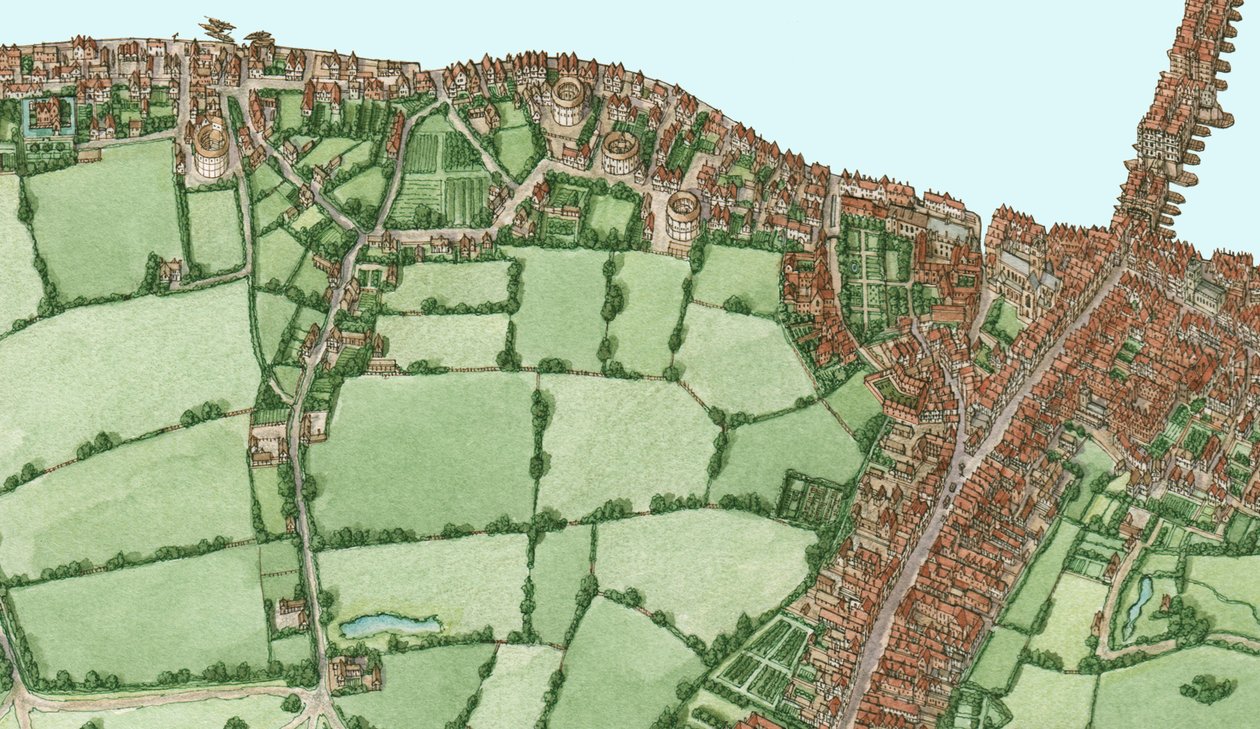 Bankside a Southwark, Londýn, asi 1600-25, 2021 (tuš a akvarel, digitálně) od Stephen Conlin