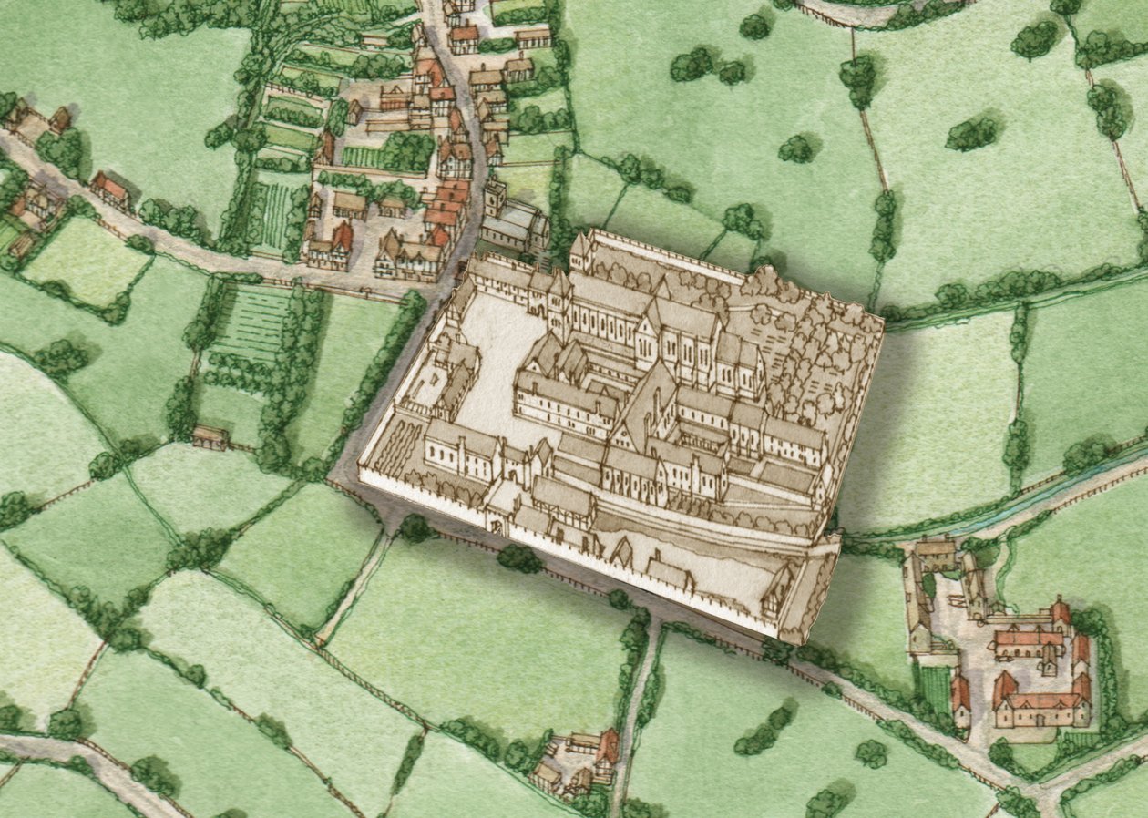 Bermondsey, Londýn, kolem roku 1600 s vložkou předreformačního opatství, 2021 (tuš a akvarel, digitálně) od Stephen Conlin