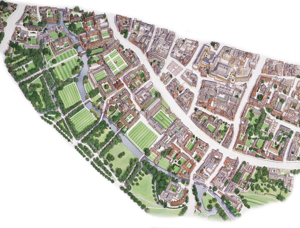 Letecký pohled na Cambridge (kresba 1996), asi 1990-2005 (tuš a akvarel) od Stephen Conlin